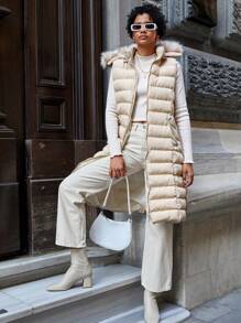 EURMUSE Fuzzy Trim Hooded Zipper Puffer Vest Coat - Beige - View 4