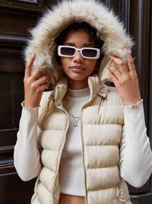 EURMUSE Fuzzy Trim Hooded Zipper Puffer Vest Coat - Beige - View 5