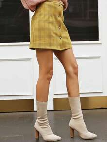 Simplee Button Front Plaid Skirt - Yellow - View 3