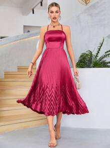 Lace Up Backless Pleated Satin Cami Dress - Hot Pink - View 1