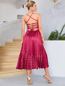 Lace Up Backless Pleated Satin Cami Dress - Hot Pink - View 2