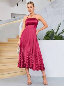 Lace Up Backless Pleated Satin Cami Dress - Hot Pink - View 4