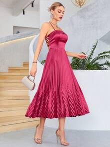 Lace Up Backless Pleated Satin Cami Dress - Hot Pink - View 5