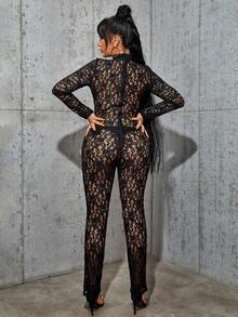 Mono De Encaje Con Cuello Alto Sin Conjunto De Lencería - Negro - Ver 2