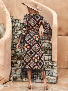 Floral Print Fringe Trim Wrap Knot Side Dress - Black - View 2