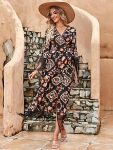 Floral Print Fringe Trim Wrap Knot Side Dress - Black - View 3