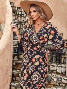 Floral Print Fringe Trim Wrap Knot Side Dress - Black - View 4