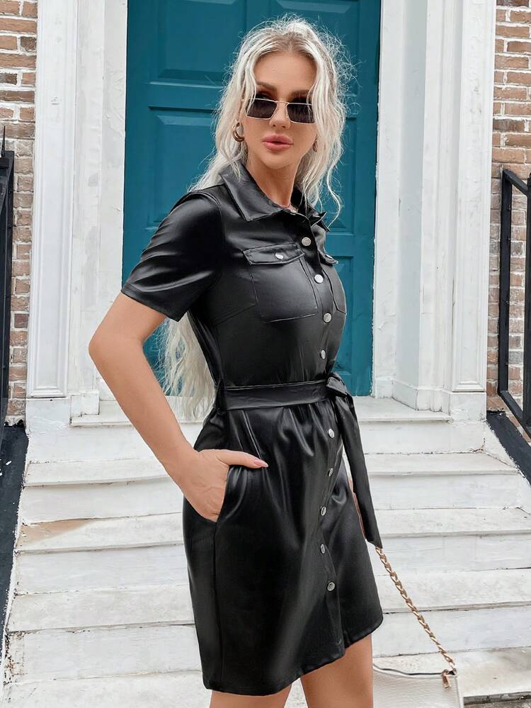 leather shirt dress with belt Womens River Island Black Leather Belted Shirt Dress US 6