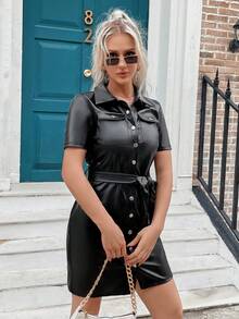 Eilly Bazar 翻蓋口袋腰帶亮面襯衫連衣裙