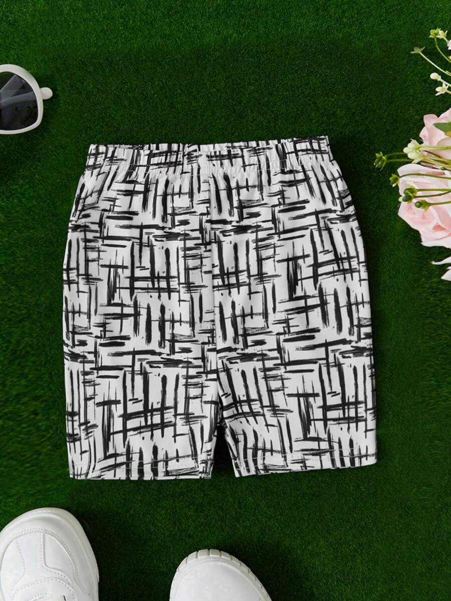 SHEIN 年輕女孩幾何圖案機車短褲 - 黑與白 - 查看 1