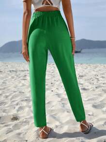 RueChic 素色前繫帶長褲 - 綠色 - 查看 2