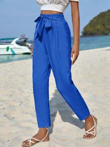 EURMUSE Solid Belted Carrot Trousers - Royal Blue - View 3
