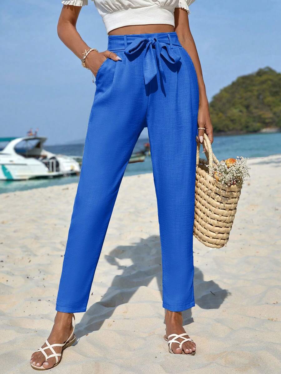 EURMUSE Solid Belted Carrot Trousers - Royal Blue - View 1