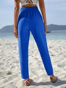 EURMUSE Solid Belted Carrot Trousers - Royal Blue - View 2