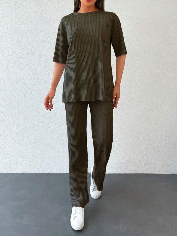 RueChic Solid Drop Shoulder Tee & Trousers