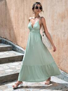 EURMUSE Solid Backless Ruffle Hem Cami Dress - Mint Green - View 1