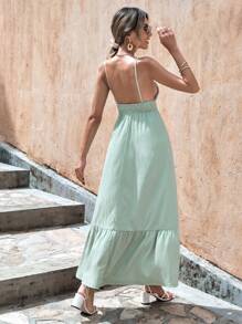 EURMUSE Solid Backless Ruffle Hem Cami Dress - Mint Green - View 2