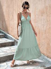 EURMUSE Solid Backless Ruffle Hem Cami Dress - Mint Green - View 3