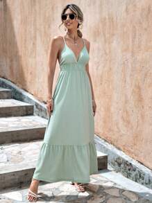 EURMUSE Solid Backless Ruffle Hem Cami Dress - Mint Green - View 5