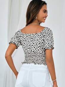 EURMUSE Ditsy Floral Shirred Hem Blouse - White - View 2