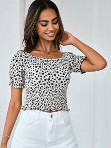 EURMUSE Ditsy Floral Shirred Hem Blouse - White - View 4