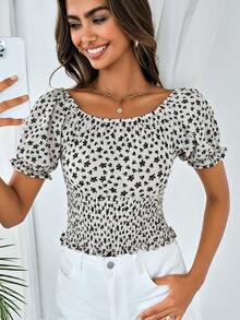 EURMUSE Ditsy Floral Shirred Hem Blouse - White - View 5