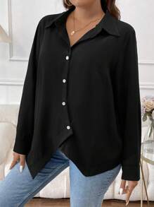 SHEIN LUNE Talla grande Camisa unicolor con botón delantero - Negro - Ver 6