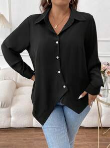 SHEIN LUNE Talla grande Camisa unicolor con botón delantero - Negro - Ver 3