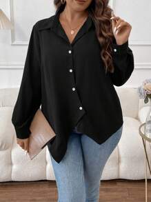 SHEIN LUNE Talla grande Camisa unicolor con botón delantero - Negro - Ver 4