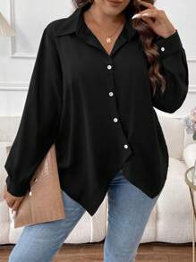 SHEIN LUNE Talla grande Camisa unicolor con botón delantero - Negro - Ver 5