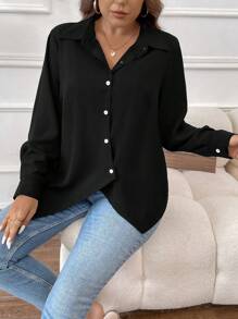SHEIN LUNE Talla grande Camisa unicolor con botón delantero - Negro - Ver 1