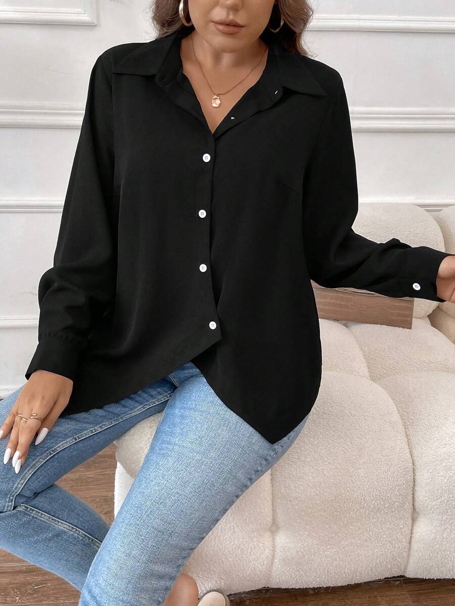 SHEIN LUNE Talla grande Camisa unicolor con botón delantero - Negro - Ver 1