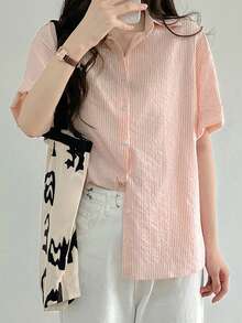 宽松碎花条纹短袖衬衫，少女夏季衬衫