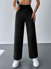 EURMUSE Solid Wide Leg Knit Pants - Black - View 1