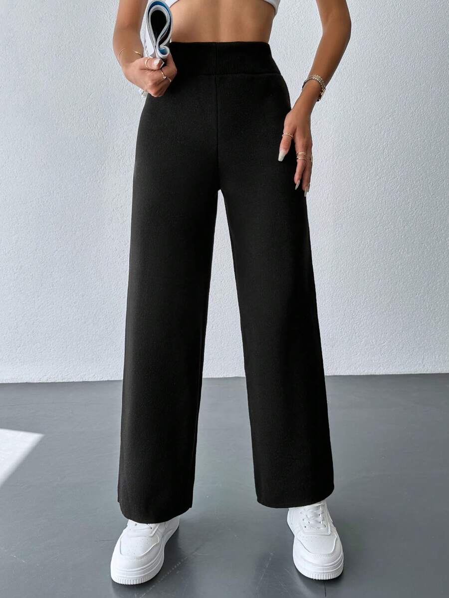 EURMUSE Solid Wide Leg Knit Pants - Black - View 1
