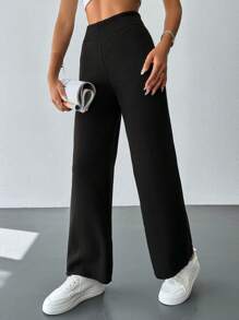 EURMUSE Solid Wide Leg Knit Pants - Black - View 3