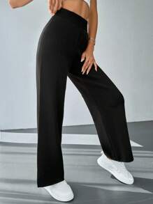 EURMUSE Solid Wide Leg Knit Pants - Black - View 4