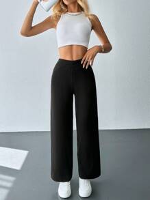 EURMUSE Solid Wide Leg Knit Pants - Black - View 5