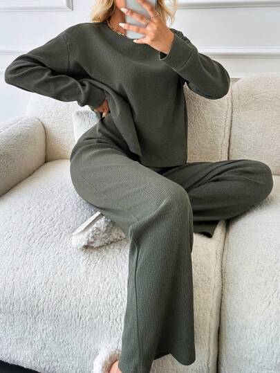 EURMUSE Rib-knit Drop Shoulder Tee & Trousers