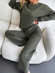 EURMUSE Rib-knit Drop Shoulder Tee & Trousers - Dark Green - View 4