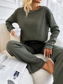 EURMUSE Rib-knit Drop Shoulder Tee & Trousers - Dark Green - View 5