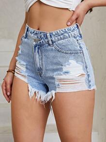 SHEIN EZwear Ripped Raw Hem Denim Shorts - Light Wash - View 4
