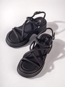 女士交叉搭扣裝飾涼鞋,優雅黑色坡跟涼鞋 - 黑色 - 查看 1