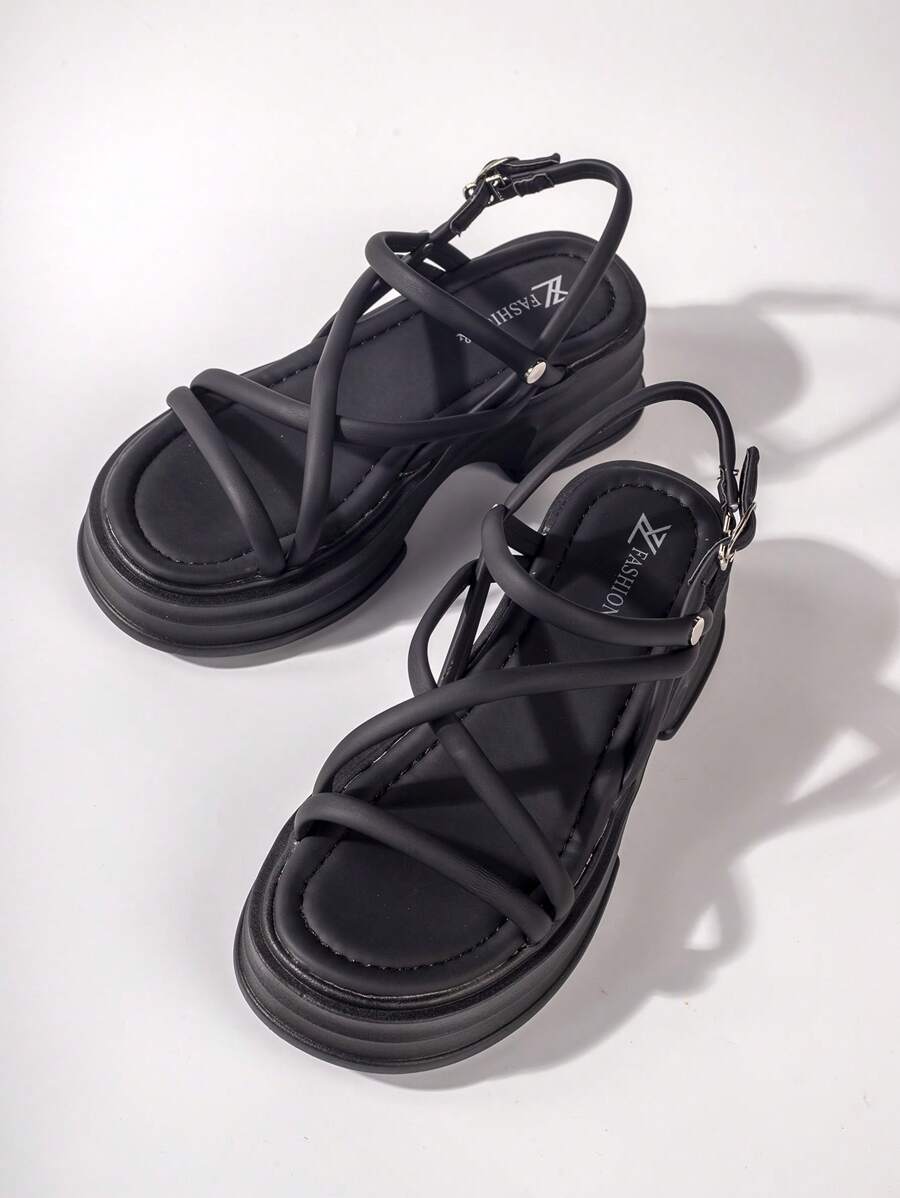 女士交叉搭扣裝飾涼鞋,優雅黑色坡跟涼鞋 - 黑色 - 查看 1