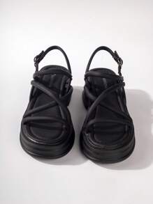 女士交叉搭扣裝飾涼鞋,優雅黑色坡跟涼鞋 - 黑色 - 查看 2