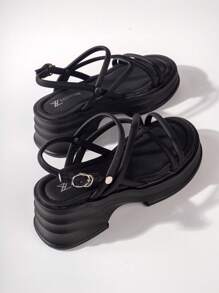 女士交叉搭扣裝飾涼鞋,優雅黑色坡跟涼鞋 - 黑色 - 查看 4