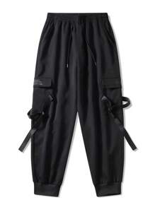 Manfinity EMRG 男士標語圖案帶扣細節翻蓋口袋腰部抽繩工裝褲 - 黑色 - 查看 1