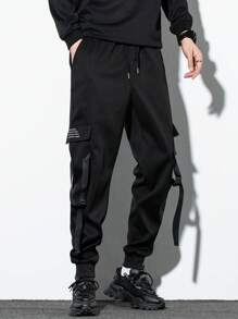 Manfinity EMRG 男士標語圖案帶扣細節翻蓋口袋腰部抽繩工裝褲 - 黑色 - 查看 3