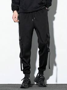 Manfinity EMRG 男士標語圖案帶扣細節翻蓋口袋腰部抽繩工裝褲 - 黑色 - 查看 4