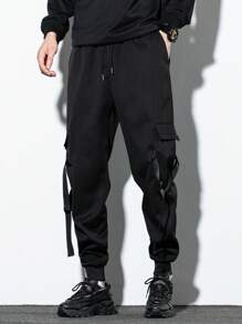 Manfinity EMRG 男士標語圖案帶扣細節翻蓋口袋腰部抽繩工裝褲 - 黑色 - 查看 5